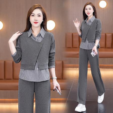 FA52246# 新品休闲运动套装女装春秋新款洋气假两件衬衫阔腿裤两件套 服裝批發女裝批發服飾貨源