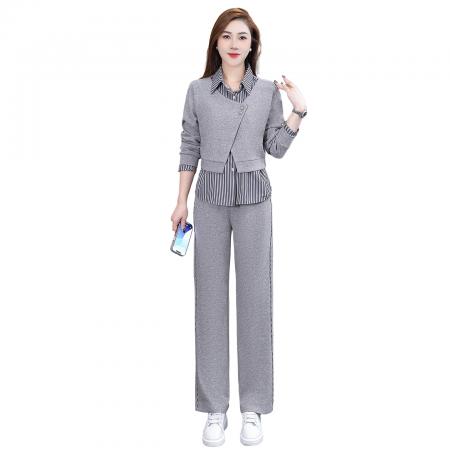 FA52246# 新品休闲运动套装女装春秋新款洋气假两件衬衫阔腿裤两件套 服裝批發女裝批發服飾貨源