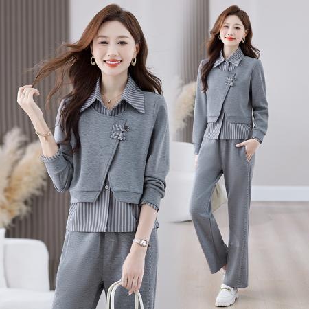 FA52251# 新品高品质新款国风盘口假两件休闲套装女春秋新款宽松时髦显瘦二件套 服裝批發女裝批發服飾貨源