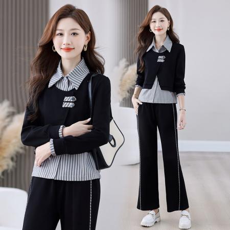 FA52251# 新品高品质新款国风盘口假两件休闲套装女春秋新款宽松时髦显瘦二件套 服裝批發女裝批發服飾貨源