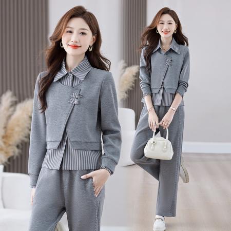 FA52251# 新品高品质新款国风盘口假两件休闲套装女春秋新款宽松时髦显瘦二件套 服裝批發女裝批發服飾貨源