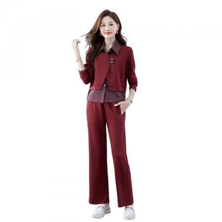 FA52251# 新品高品质新款国风盘口假两件休闲套装女春秋新款宽松时髦显瘦二件套 服裝批發女裝批發服飾貨源