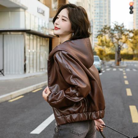 FA52253# 新品春秋加绒时尚美拉德连帽皮衣外套女秋季新款复古休闲又酷又飒pu皮机车夹克 服裝批發女裝批發服飾貨源