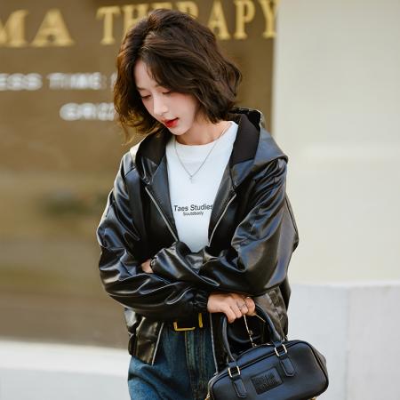 FA52253# 新品春秋加绒时尚美拉德连帽皮衣外套女秋季新款复古休闲又酷又飒pu皮机车夹克 服裝批發女裝批發服飾貨源