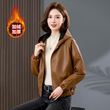 FA52253# 新品春秋加绒时尚美拉德连帽皮衣外套女秋季新款复古休闲又酷又飒pu皮机车夹克 服裝批發女裝批發服飾貨源