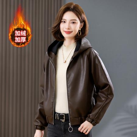 FA52253# 新品春秋加绒时尚美拉德连帽皮衣外套女秋季新款复古休闲又酷又飒pu皮机车夹克 服裝批發女裝批發服飾貨源