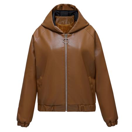 FA52253# 新品春秋加绒时尚美拉德连帽皮衣外套女秋季新款复古休闲又酷又飒pu皮机车夹克 服裝批發女裝批發服飾貨源
