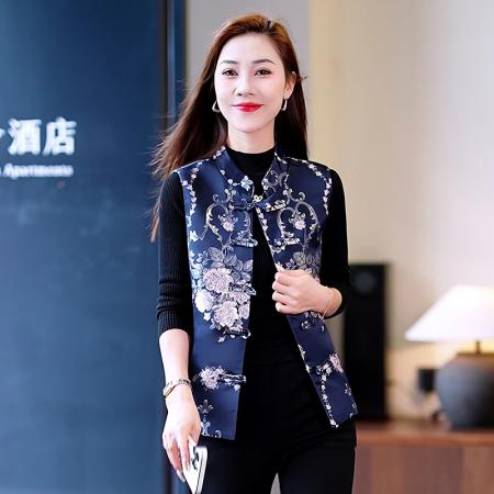 FA52254# 新品时尚中国风短款马甲修身复古印花无袖马夹洋气百搭民族风女装上衣 服裝批發女裝批發服飾貨源
