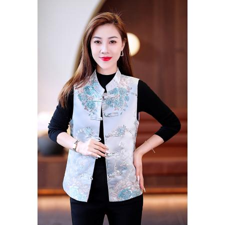 FA52254# 新品时尚中国风短款马甲修身复古印花无袖马夹洋气百搭民族风女装上衣 服裝批發女裝批發服飾貨源