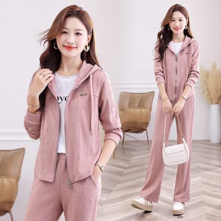 高品质仿羊绒时尚亮钻拉条时尚运动套装女春秋新款洋气韩版连帽卫衣女士跑步 服裝批發女裝批發服飾貨源