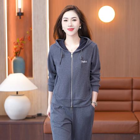 新款高级感条绒运动服套装女春秋减龄外套连帽卫衣潮牌休闲两件套 服裝批發女裝批發服飾貨源