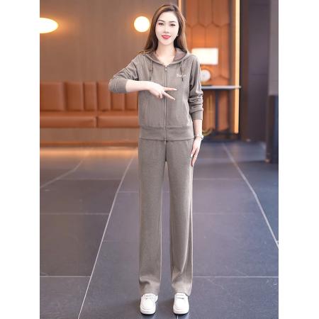 FA52276# 新款高级感条绒运动服套装女春秋减龄外套连帽卫衣潮牌休闲两件套 服裝批發女裝批發服飾貨源