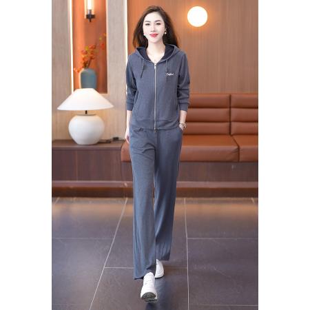 FA52276# 新款高级感条绒运动服套装女春秋减龄外套连帽卫衣潮牌休闲两件套 服裝批發女裝批發服飾貨源