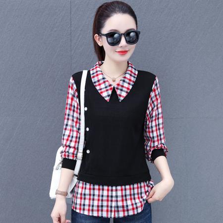 新款假两件衬衫女遮肚子春装洋气条纹打底衫衬衣显瘦小衫时尚上衣好看 服裝批發女裝批發服飾貨源