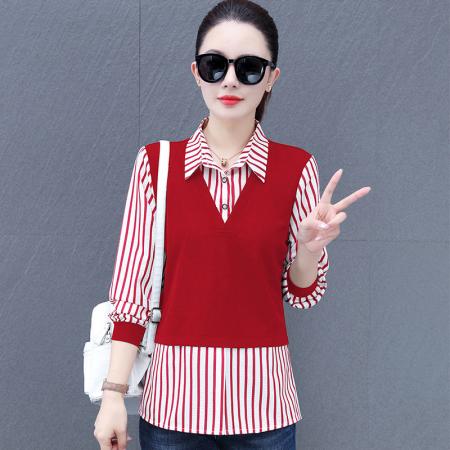 FA52278# 新款假两件衬衫女遮肚子春装洋气条纹打底衫衬衣显瘦小衫时尚上衣好看 服裝批發女裝批發服飾貨源