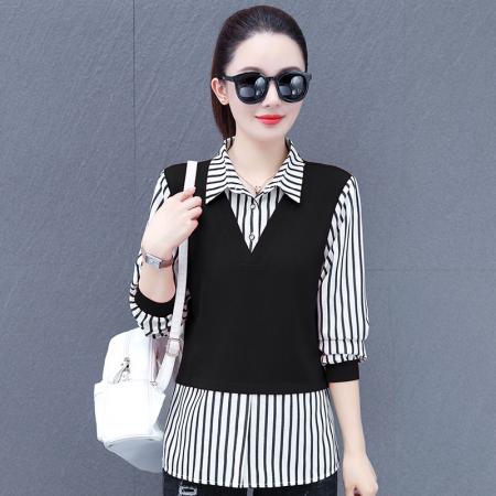 FA52278# 新款假两件衬衫女遮肚子春装洋气条纹打底衫衬衣显瘦小衫时尚上衣好看 服裝批發女裝批發服飾貨源