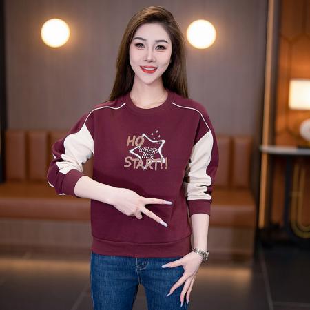 印花韩系圆领卫衣女螺纹设计春秋装新款时尚无帽宽松显瘦外套上衣 服裝批發女裝批發服飾貨源