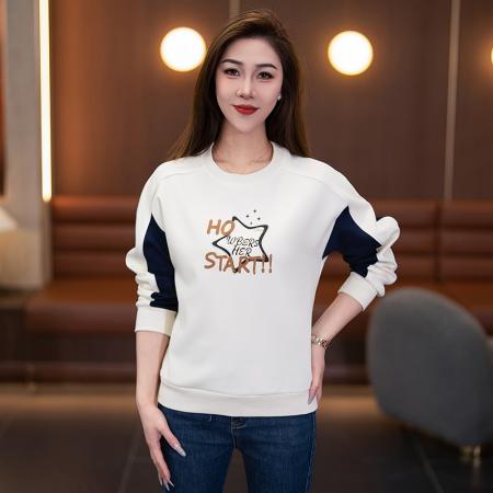 印花韩系圆领卫衣女螺纹设计春秋装新款时尚无帽宽松显瘦外套上衣 服裝批發女裝批發服飾貨源