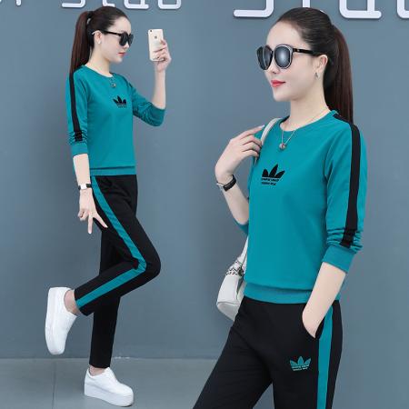 新款印花纯棉运动套装女春秋新款时尚显瘦休闲两件套 服裝批發女裝批發服飾貨源