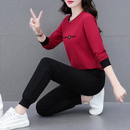 双重插色圆领运动套装女秋冬新款女装休闲时尚卫衣跑步两件套装 服裝批發女裝批發服飾貨源