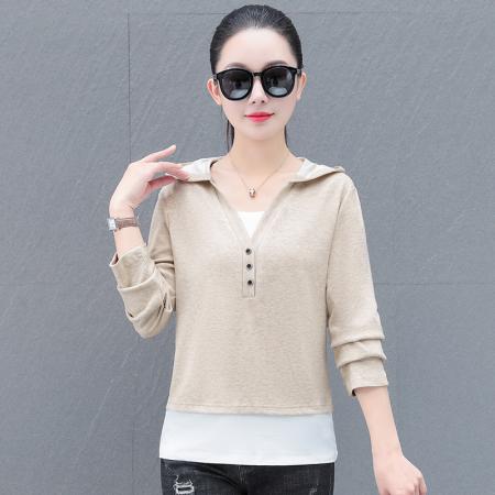 连帽卫衣女春秋新款韩版假两件拼接时尚百搭显瘦上衣 服裝批發女裝批發服飾貨源