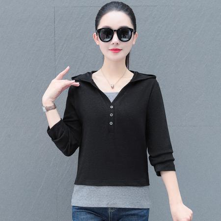 连帽卫衣女春秋新款韩版假两件拼接时尚百搭显瘦上衣 服裝批發女裝批發服飾貨源