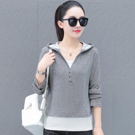 连帽卫衣女春秋新款韩版假两件拼接时尚百搭显瘦上衣 服裝批發女裝批發服飾貨源