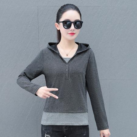 连帽卫衣女春秋新款韩版假两件拼接时尚百搭显瘦上衣 服裝批發女裝批發服飾貨源