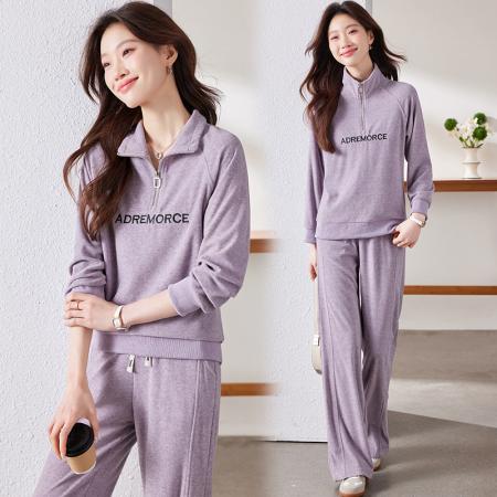 FA52293# 新款半拉链开衫休闲仿羊绒毛巾布运动套装女春秋洋气宽松显瘦休闲两件套 服裝批發女裝批發服飾貨源