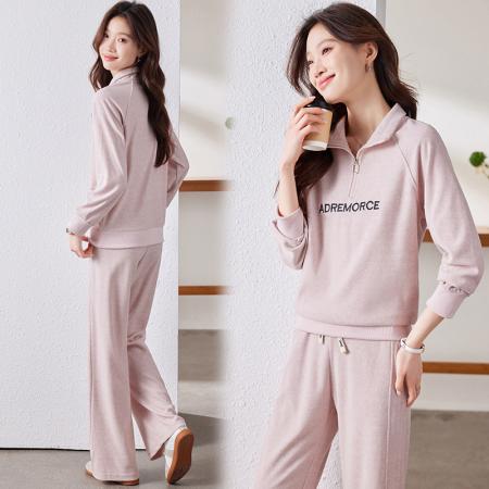 FA52293# 新款半拉链开衫休闲仿羊绒毛巾布运动套装女春秋洋气宽松显瘦休闲两件套 服裝批發女裝批發服飾貨源