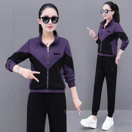 新款高含棉撞色时尚休闲运动套装女春秋洋气立领卫衣卫裤广场舞二件套 服裝批發女裝批發服飾貨源