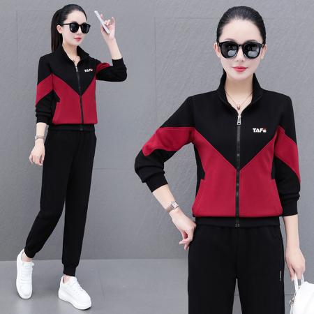 新款高含棉撞色时尚休闲运动套装女春秋洋气立领卫衣卫裤广场舞二件套 服裝批發女裝批發服飾貨源