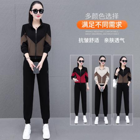 新款高含棉撞色时尚休闲运动套装女春秋洋气立领卫衣卫裤广场舞二件套 服裝批發女裝批發服飾貨源
