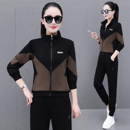 新款高含棉撞色时尚休闲运动套装女春秋洋气立领卫衣卫裤广场舞二件套 服裝批發女裝批發服飾貨源