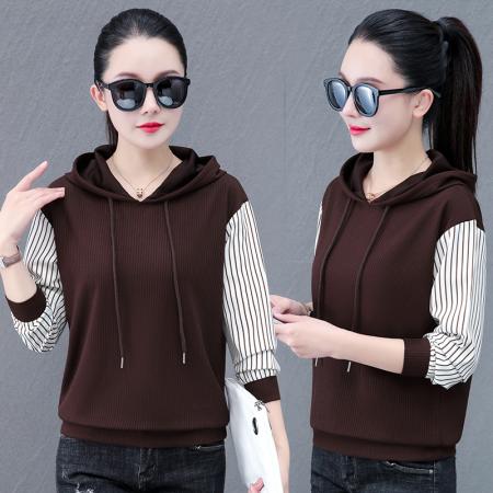 长袖卫衣女春季新款春秋拼接撞色连帽宽松休闲上衣 服裝批發女裝批發服飾貨源