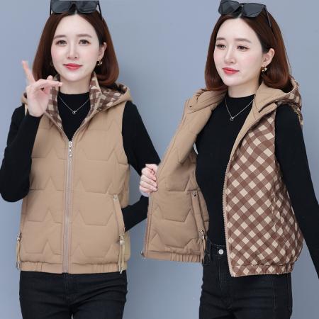 FA52303# 冬季时尚新款双面穿加厚女款防风连帽马甲聚温保暖纯色百搭马甲 服裝批發女裝批發服飾貨源