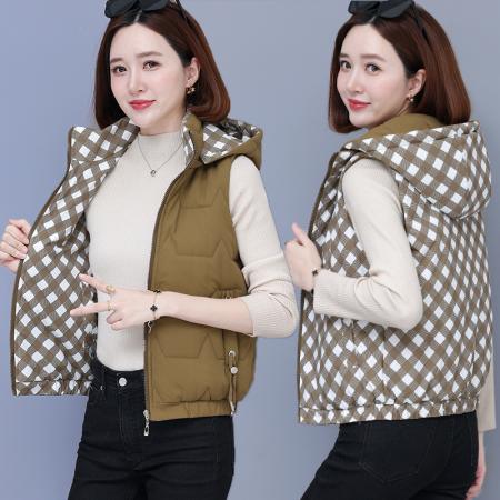 FA52303# 冬季时尚新款双面穿加厚女款防风连帽马甲聚温保暖纯色百搭马甲 服裝批發女裝批發服飾貨源