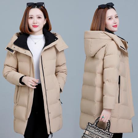 御寒保暖冬季新款时尚简约中长款女款保暖棉服防风拉链立领可脱卸连帽 服裝批發女裝批發服飾貨源