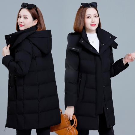 御寒保暖冬季新款时尚简约中长款女款保暖棉服防风拉链立领可脱卸连帽 服裝批發女裝批發服飾貨源