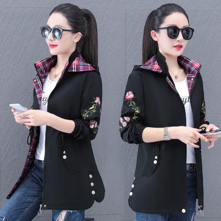 中长款绣花外套女装新款春秋连帽宽松休闲夹克 可二开 服裝批發女裝批發服飾貨源
