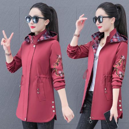 中长款绣花外套女装新款春秋连帽宽松休闲夹克 可二开 服裝批發女裝批發服飾貨源