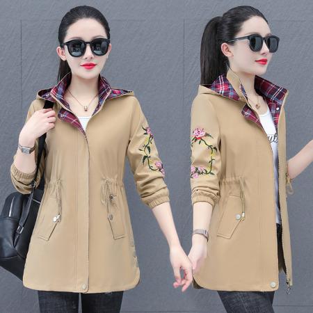 中长款绣花外套女装新款春秋连帽宽松休闲夹克 可二开 服裝批發女裝批發服飾貨源