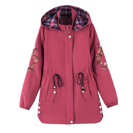 中长款绣花外套女装新款春秋连帽宽松休闲夹克 可二开 服裝批發女裝批發服飾貨源