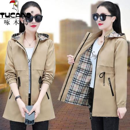 啄木鸟专供 源头工厂中长款外套女装新款春秋连帽宽松休闲夹克 可二开 服裝批發女裝批發服飾貨源