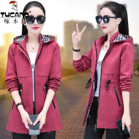 啄木鸟专供 源头工厂中长款外套女装新款春秋连帽宽松休闲夹克 可二开 服裝批發女裝批發服飾貨源