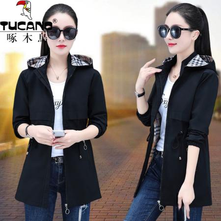 啄木鸟专供 源头工厂中长款外套女装新款春秋连帽宽松休闲夹克 可二开 服裝批發女裝批發服飾貨源