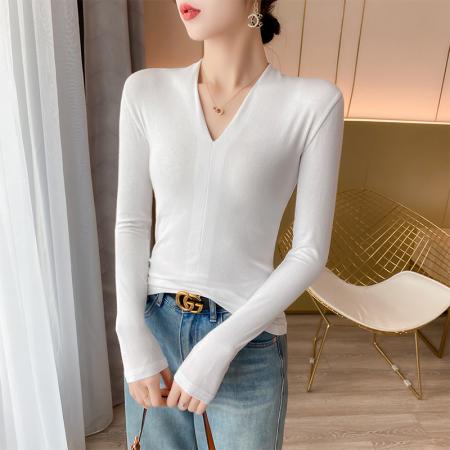 爆款v领打底衫女新款秋冬高级感皮衣内搭长袖针织衫T恤 服裝批發女裝批發服飾貨源