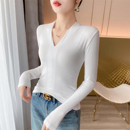 爆款v领打底衫女新款秋冬高级感皮衣内搭长袖针织衫T恤 服裝批發女裝批發服飾貨源