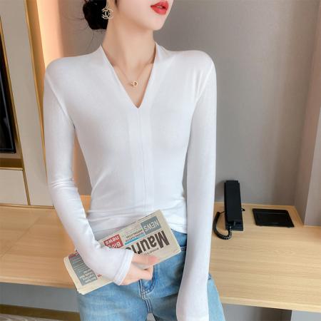 爆款v领打底衫女新款秋冬高级感皮衣内搭长袖针织衫T恤 服裝批發女裝批發服飾貨源
