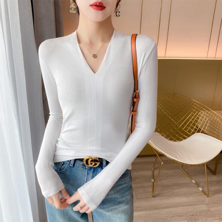爆款v领打底衫女新款秋冬高级感皮衣内搭长袖针织衫T恤 服裝批發女裝批發服飾貨源